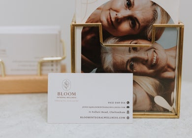 Business card for Bloom Integral Wellness, Melbourne, Victoria. Showcases contact details and elegant design.