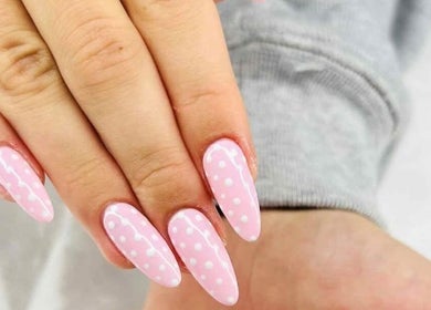 Polka dot pink nail design at Venice Nail Bar in Algonquin, Illinois, US.