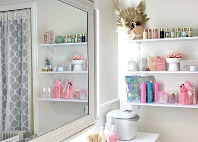 Luxxe Beauty Cosmetics interior showing neatly arranged shelves in Eaton, Western Australia, AU.