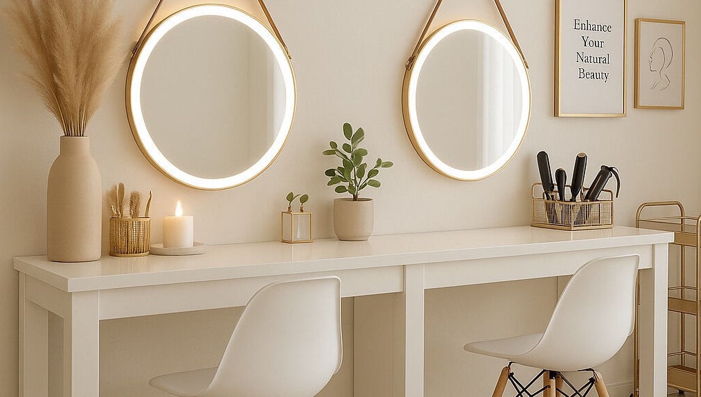 Elegant vanity with round mirrors at Luscious Lengths, Cape Town, Western Cape, ZA.