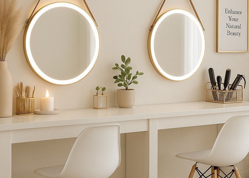 Elegant vanity with round mirrors at Luscious Lengths, Cape Town, Western Cape, ZA.