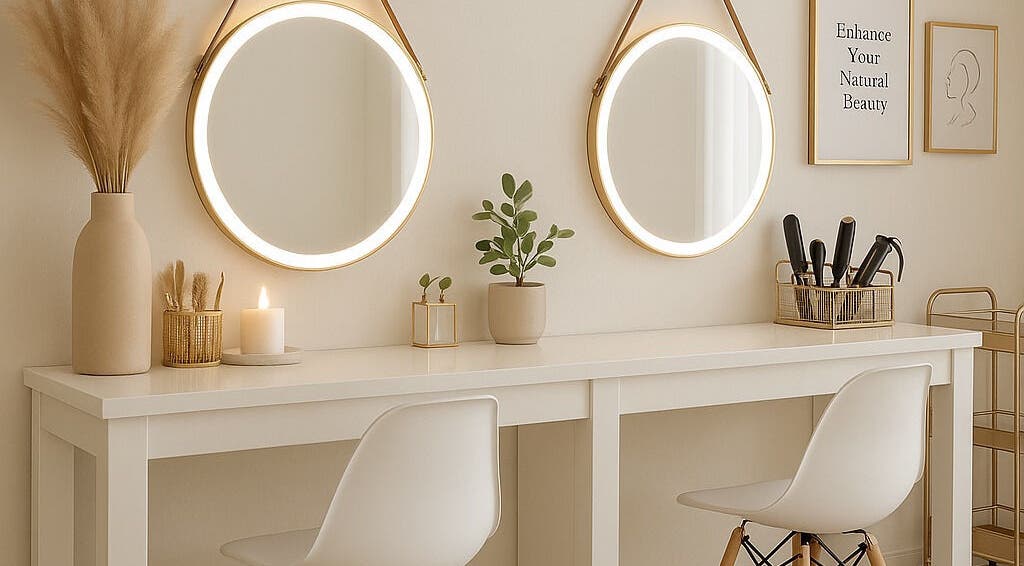 Elegant vanity with round mirrors at Luscious Lengths, Cape Town, Western Cape, ZA.