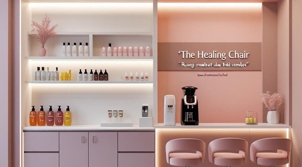Chic interior of Salon Sembang Mina in Kuala Lumpur, featuring elegant pink decor and beauty products.