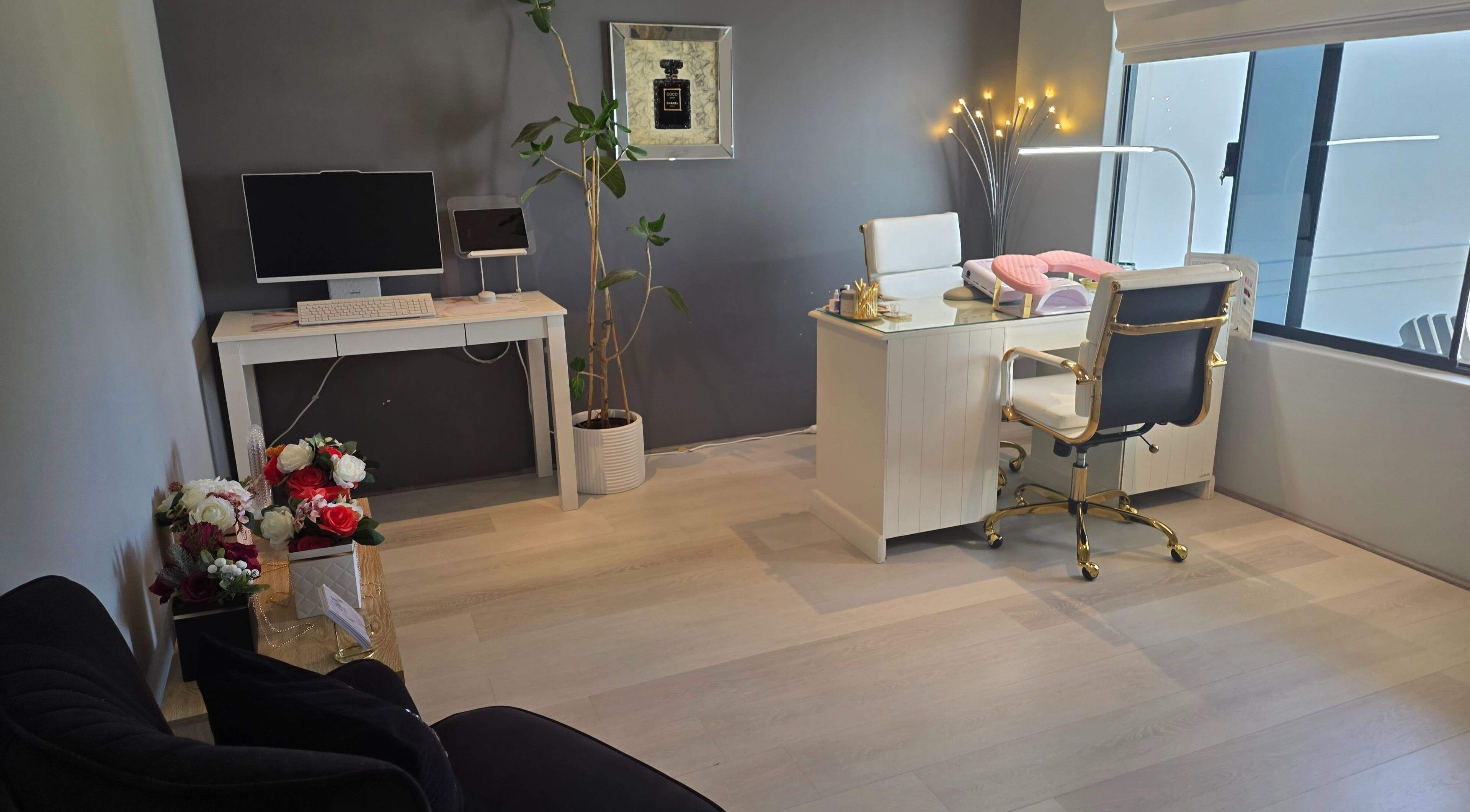Chic interior of The Nail Edit in Butler, Western Australia featuring a modern nail desk setup.