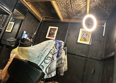 Chic barber station at s.r blendz, Kerikeri, Northland Region, NZ, featuring modern lighting and decor.
