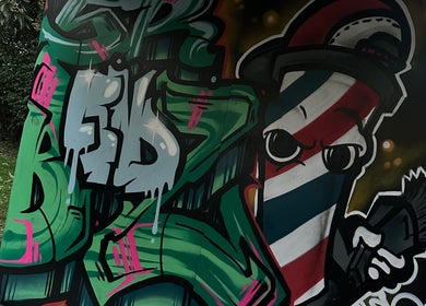 Colorful mural with barber pole design at s.r blendz, Kerikeri, Northland Region, NZ.