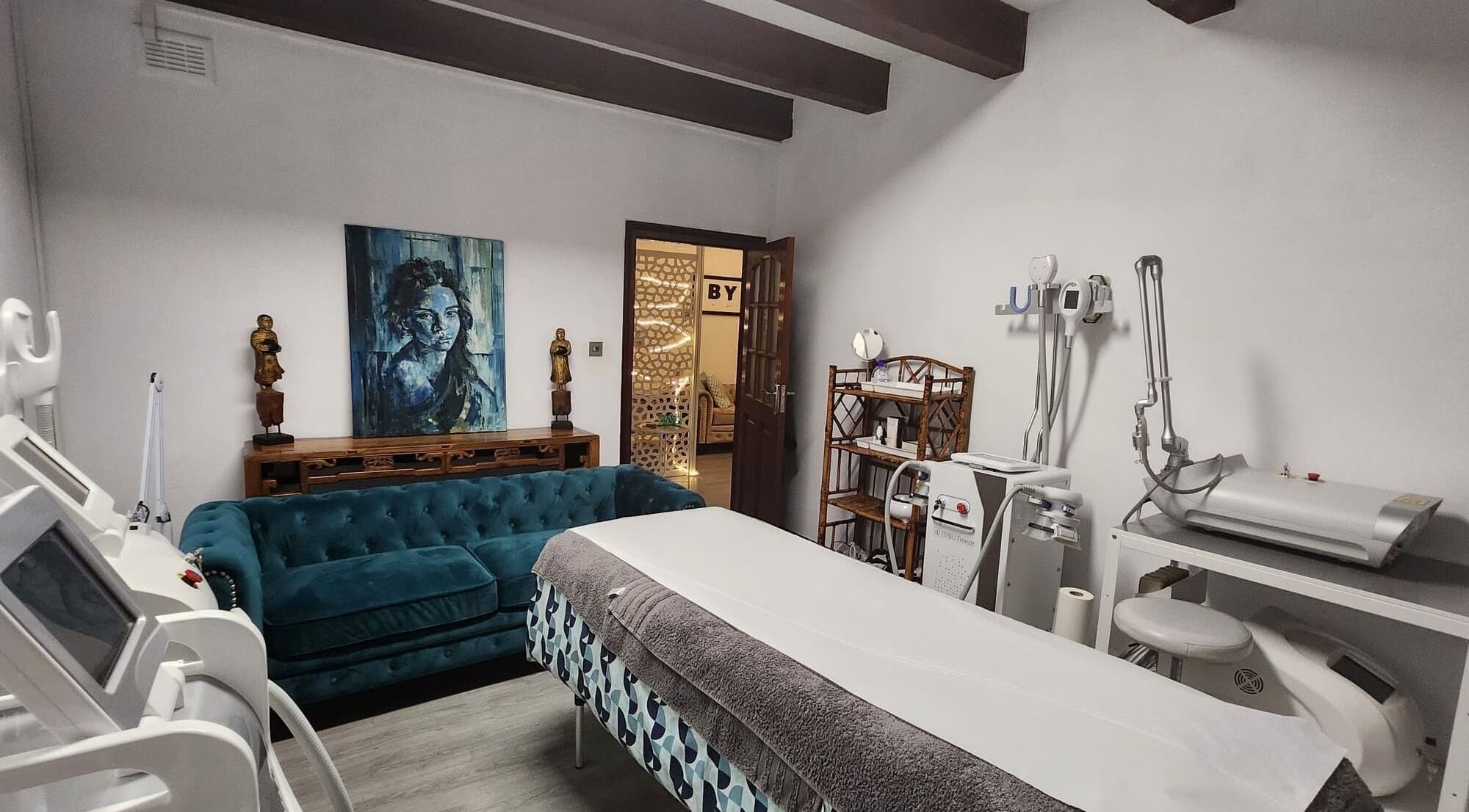 Spa treatment room at Bybu Aesthetics and Wellness, Gibraltar, GI, featuring modern equipment and soothing decor.