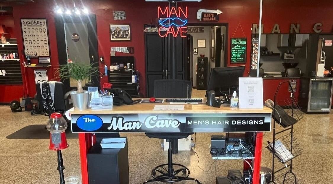 Reception desk at The Man Cave - Belle Vernon, showcasing stylish interiors in Belle Vernon, Pennsylvania, US.