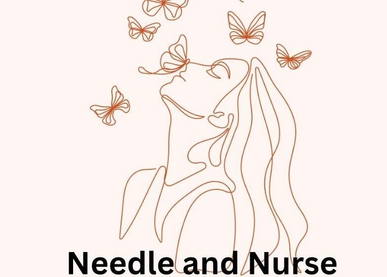 Line drawing of woman with butterflies at Needlesandb Nurse, Ettiley Heath, England, GB.