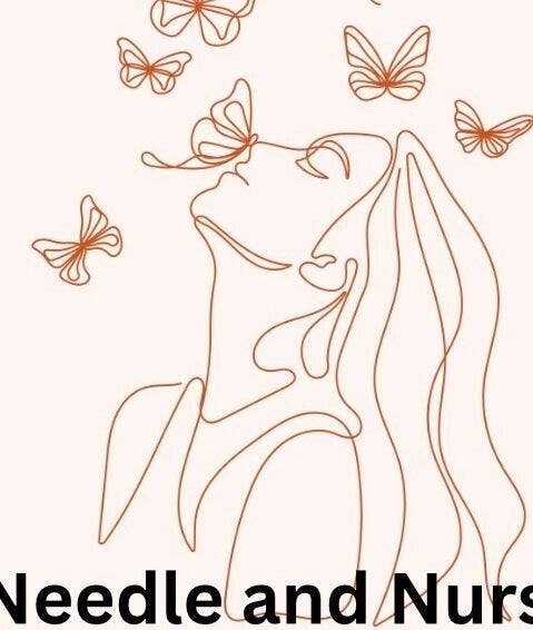 Line drawing of woman with butterflies at Needlesandb Nurse, Ettiley Heath, England, GB.