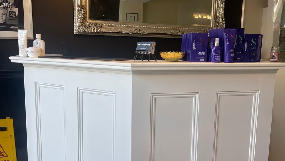 Hilary Shaw Hairdressing reception showcasing premium products in Banbridge, Northern Ireland, GB.