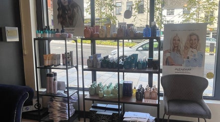 Product shelves at Hilary Shaw Hairdressing in Banbridge, Northern Ireland, GB showcasing haircare products.