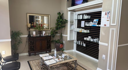 Sophisticated reception area at BRIO Med Spa in Flowery Branch, Georgia, US, showcasing luxurious decor and products.