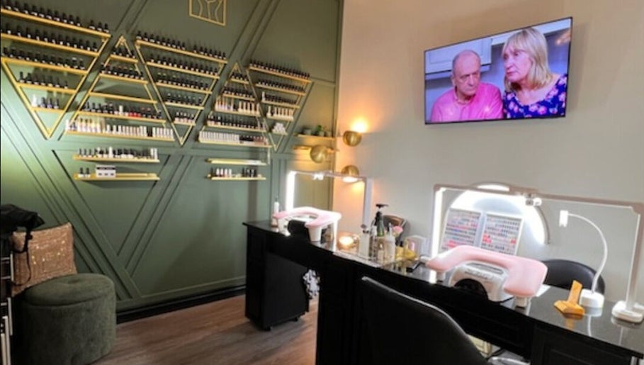 Chic nail salon interior at Shine Nails in Buffalo Grove, Illinois, US, showcasing elegant polish displays.