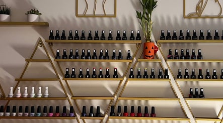 Elegant nail polish display at Shine Nails, Buffalo Grove, Illinois, US with artful shelving.