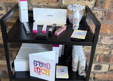 Beauty products and gift card display at Simone Services, Edinburgh, Scotland, GB.