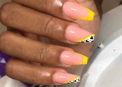 Stylish nails with yellow and black design by Clawed By Grace, Freeport, Freeport, BS.