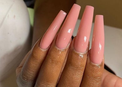 Elegant pink acrylic nails at Clawed By Grace, Freeport, Freeport, BS, showcasing trendy nail design.