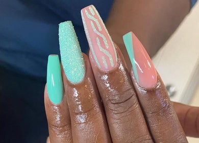 Elegant mint and peach nail art at Clawed By Grace, Freeport, Freeport, BS showcasing creative designs.
