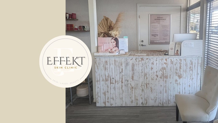 Effekt Skin Clinic reception area with stylish decor in Berserker, Queensland, AU.