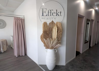 Effekt Skin Clinic entrance in Berserker, Queensland, AU with elegant decor and pastel curtains.