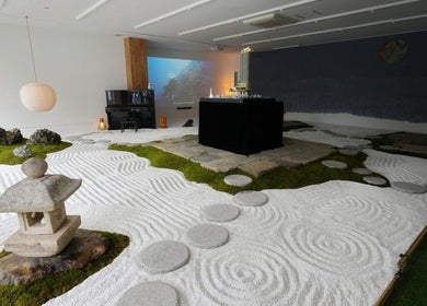 Serene Zen garden at Othello, Kuala Lumpur, Wilayah Persekutuan Kuala Lumpur, MY, with sand and stone path.