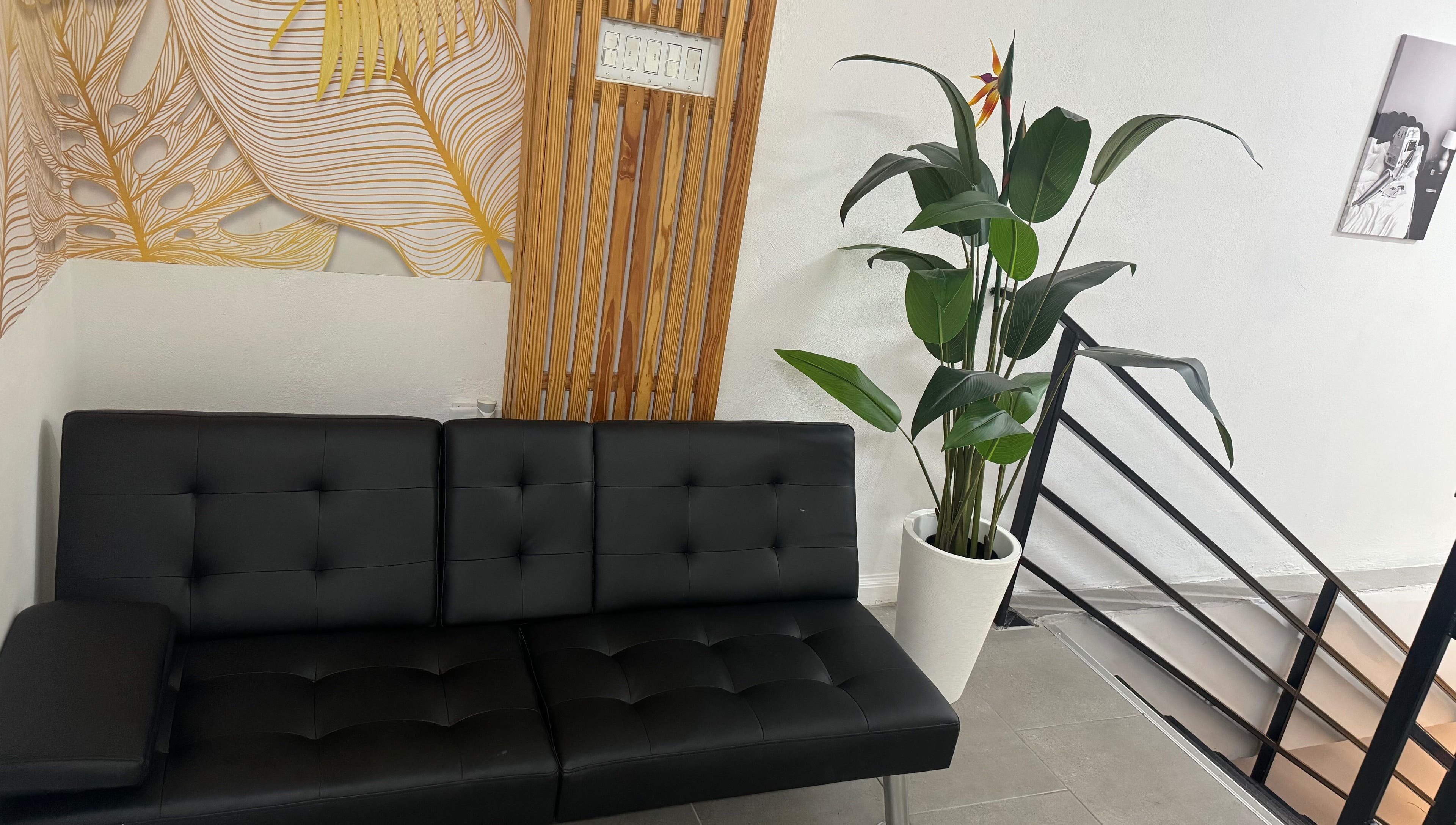 Sleek black sofa and plant decor at Aesthetics by Briella, Montego Bay, St. James Parish, JM.
