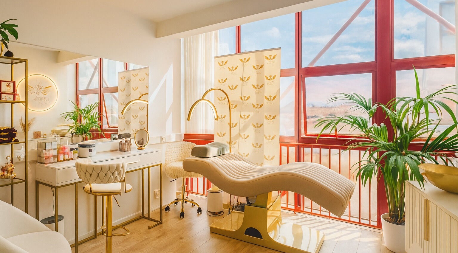 Світлий інтер'єр салону краси Royal Secrets в Лондоні з сучасними меблями та великими вікнами.