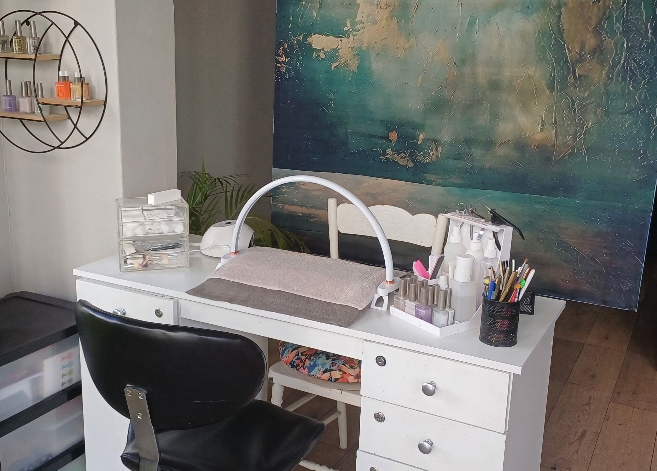 Cozy nail workstation at Nails by Shannon, Gqeberha, Eastern Cape, ZA featuring stylish decor.