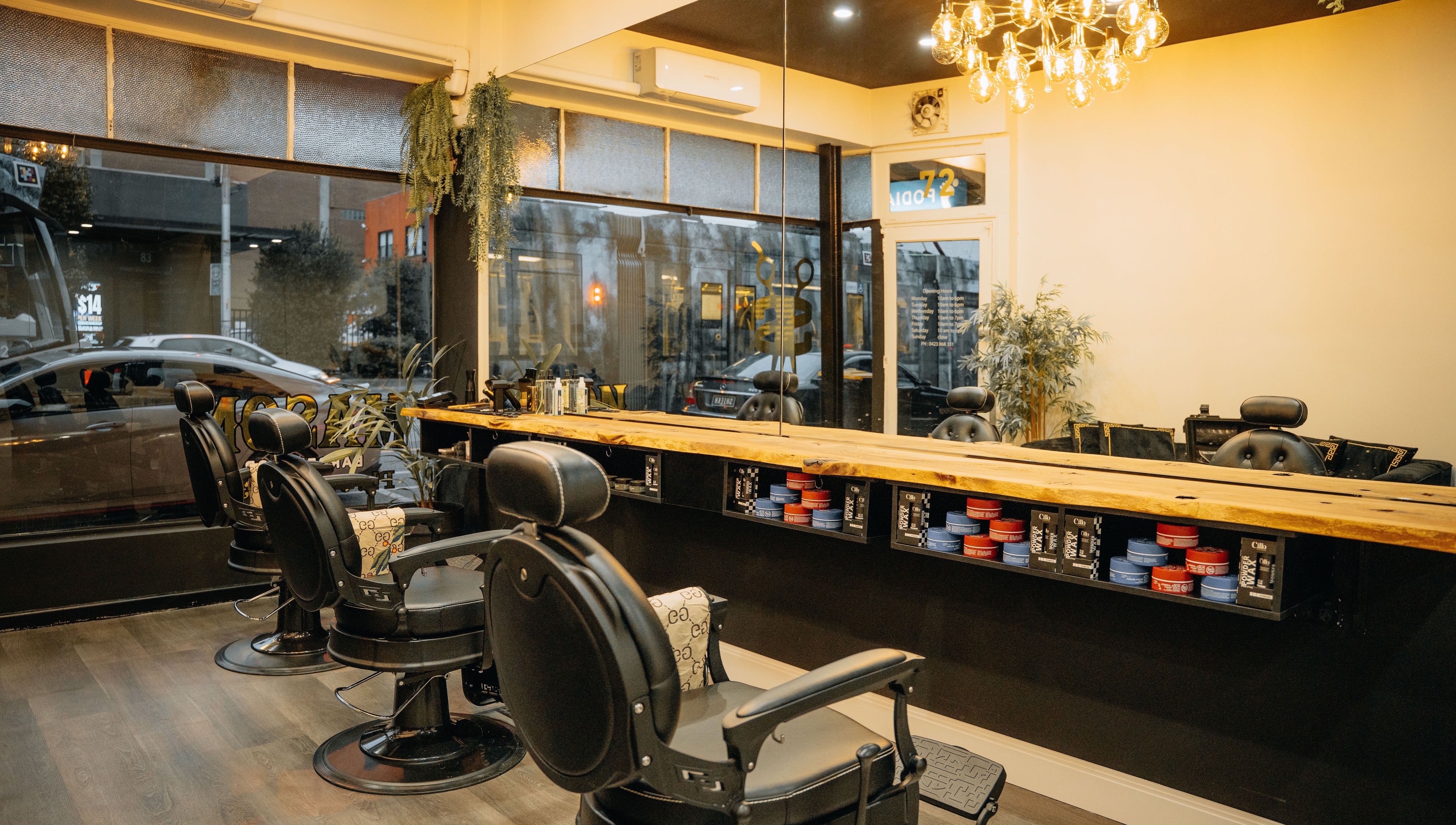Elegant interior of Mason Barbershop in Melbourne, Victoria, AU, showcasing stylish barber chairs and decor.