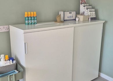 Foot care station at Carter's Foot Care, Brimington, England, GB featuring products and calming decor.
