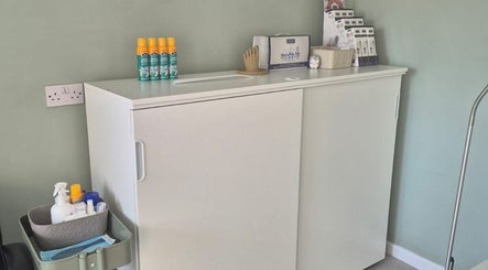 Foot care station at Carter's Foot Care, Brimington, England, GB featuring products and calming decor.