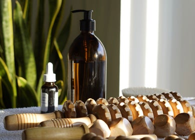 Spa tools and oils at Maison Iaso in London, GB reflect natural wellness ambiance.