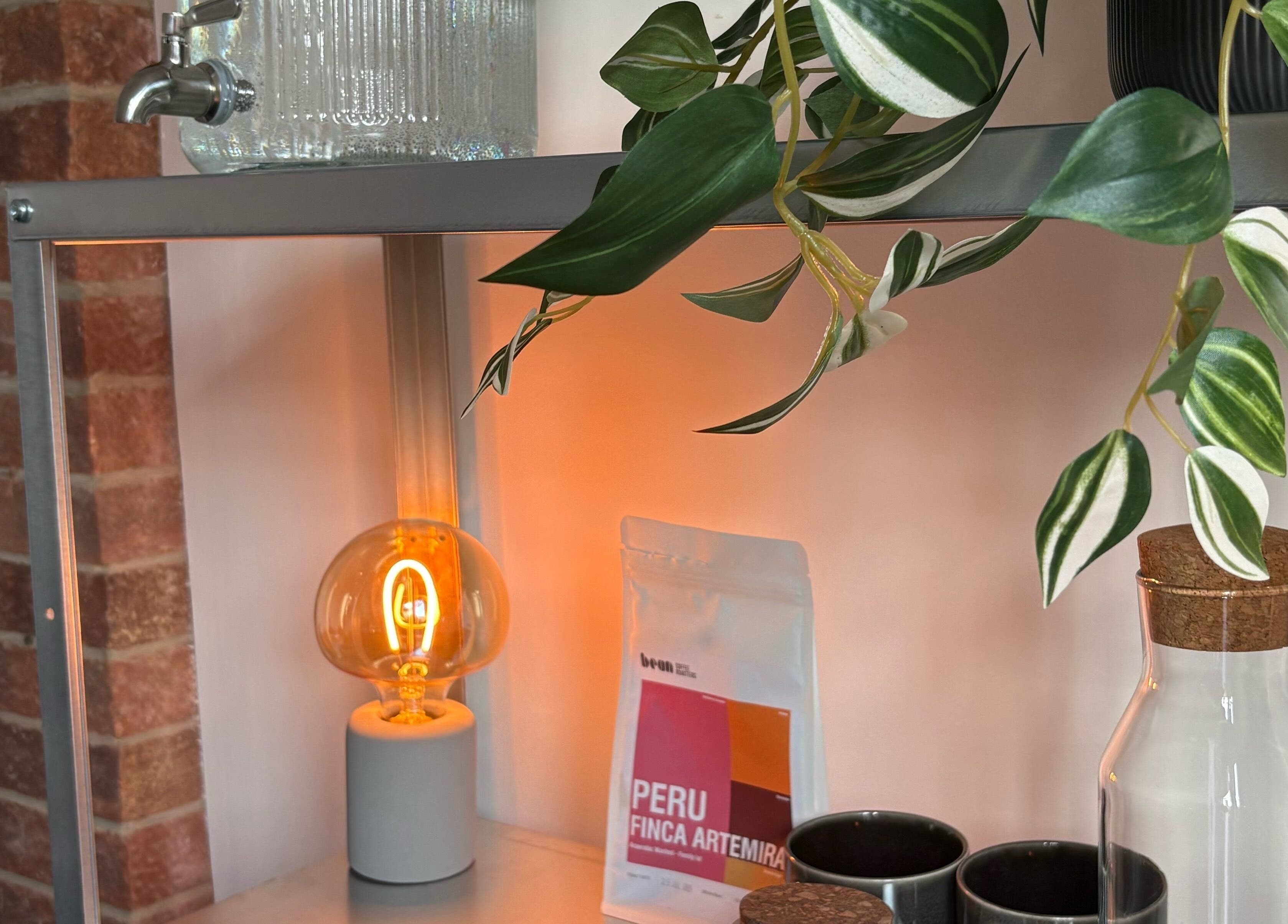 Ambient shelf with glassware and plant at Concept.6, Rainworth, England, GB.
