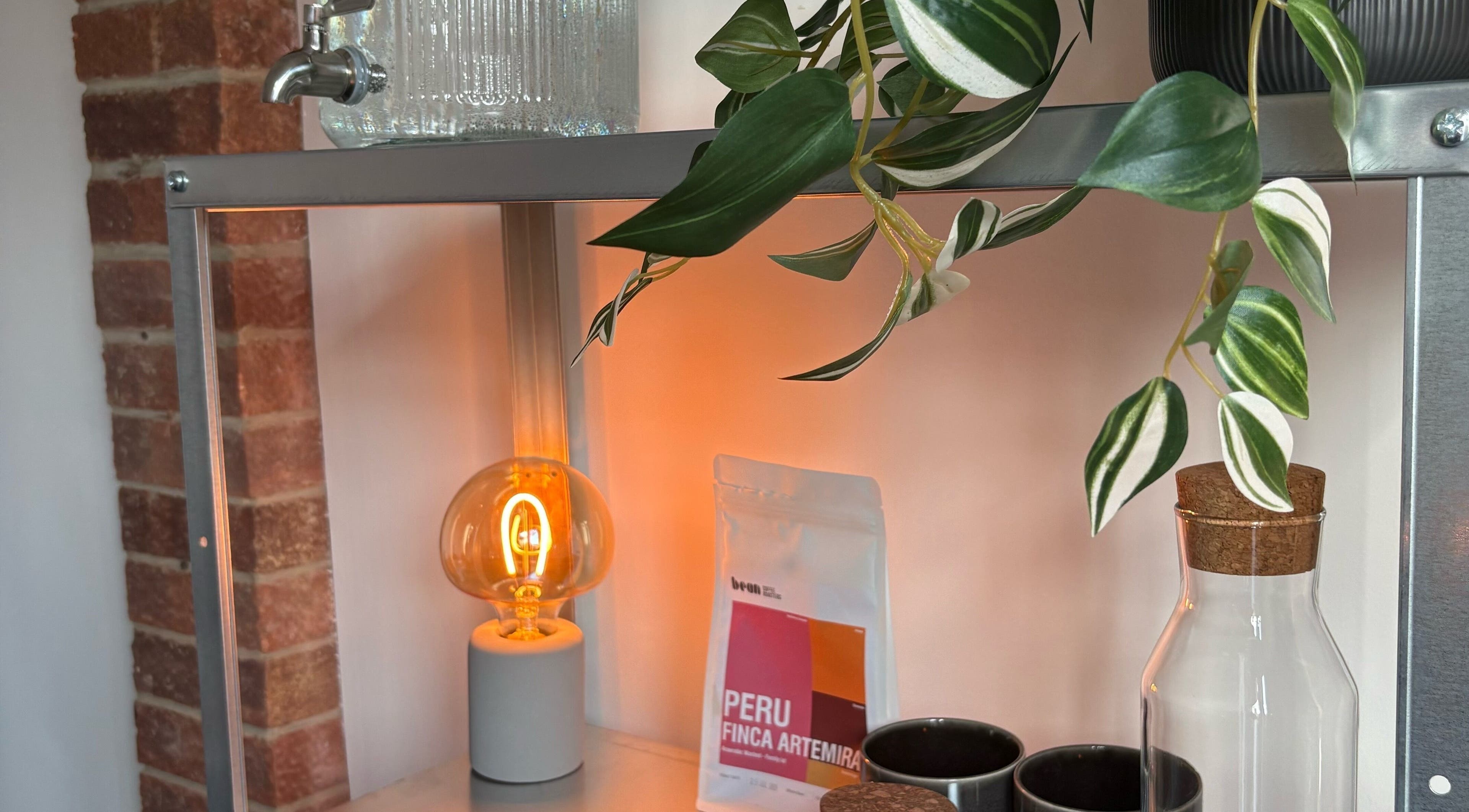Ambient shelf with glassware and plant at Concept.6, Rainworth, England, GB.