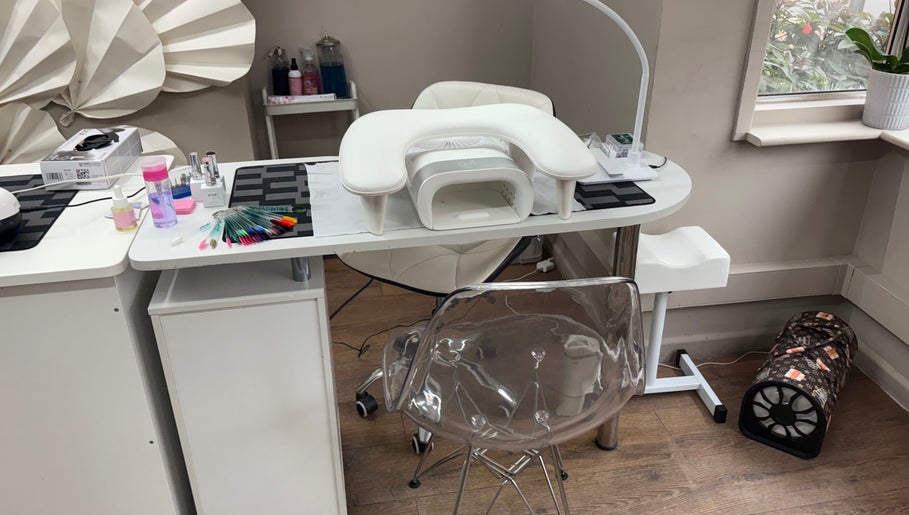 Elegant nail station at Nails by Becs, Desborough, England, GB featuring manicure tools and chic decor.