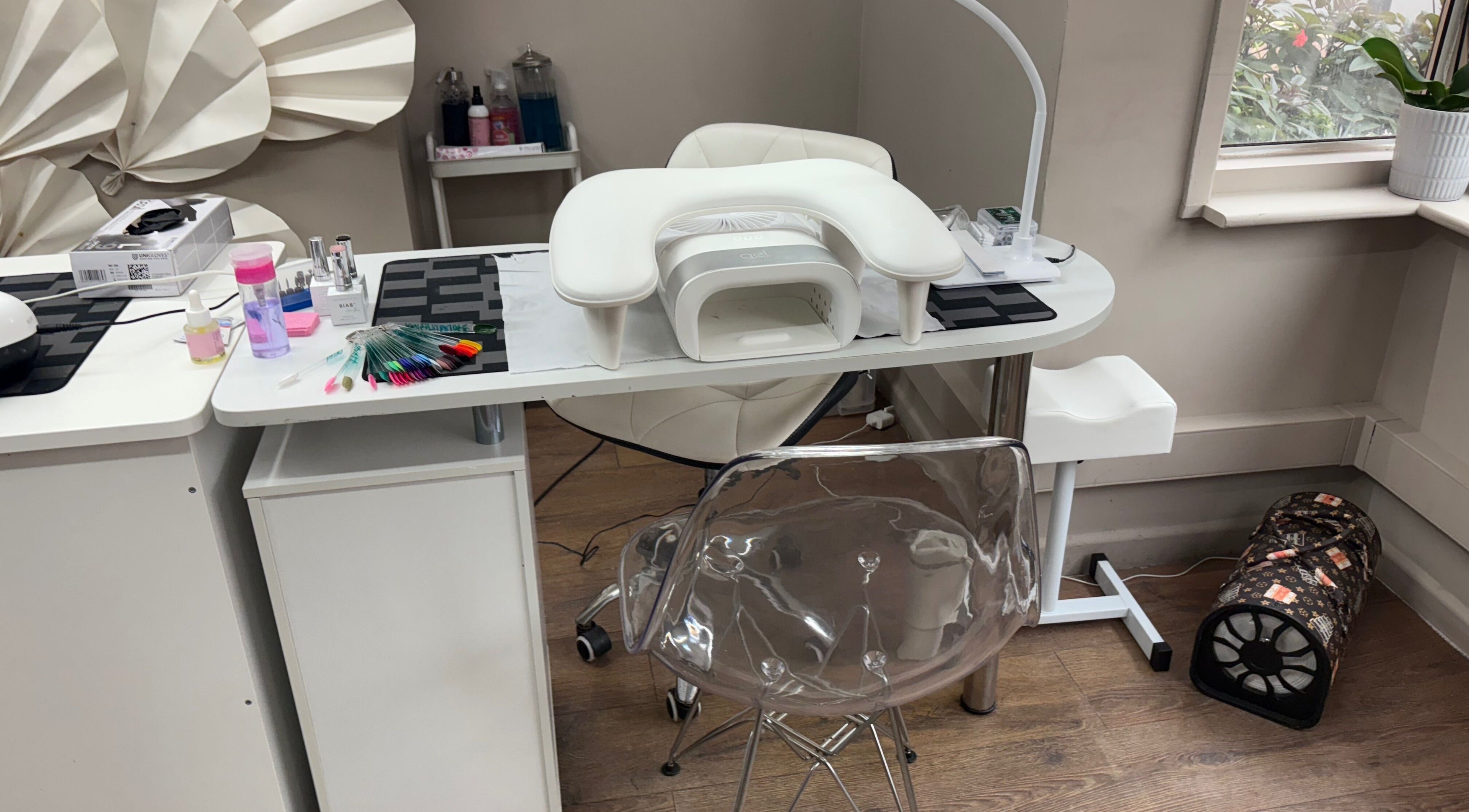 Elegant nail station at Nails by Becs, Desborough, England, GB featuring manicure tools and chic decor.