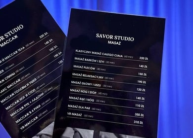 Меню массажей Savor Studio Massage в Варшаве, Польша, PL. Листинг различных расслабляющих процедур.