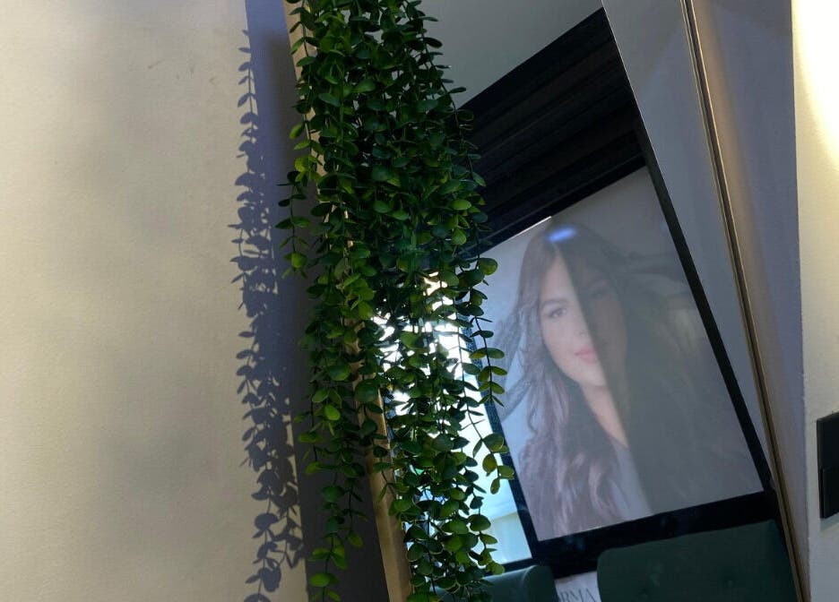 Planta colgante en espejo de Elegance brows studio, Bello, Antioquia, CO. Ambiente moderno y acogedor.