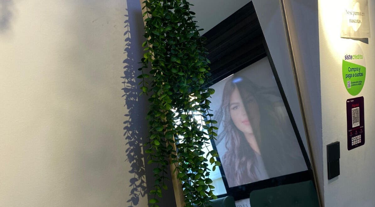 Planta colgante en espejo de Elegance brows studio, Bello, Antioquia, CO. Ambiente moderno y acogedor.