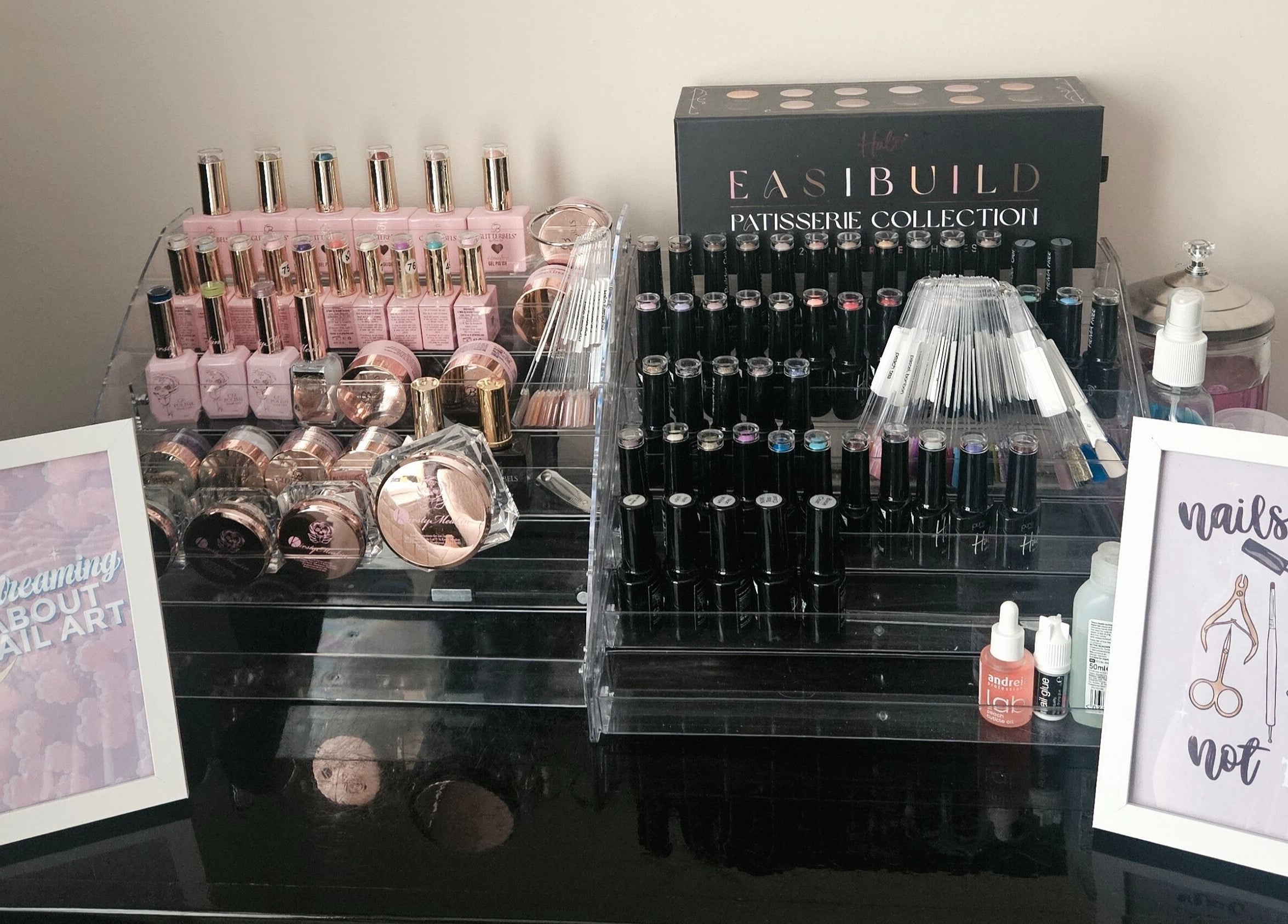 Nail polish and tools displayed at Lavender Luxe Nails, Somersham, England, GB for creative nail art services.