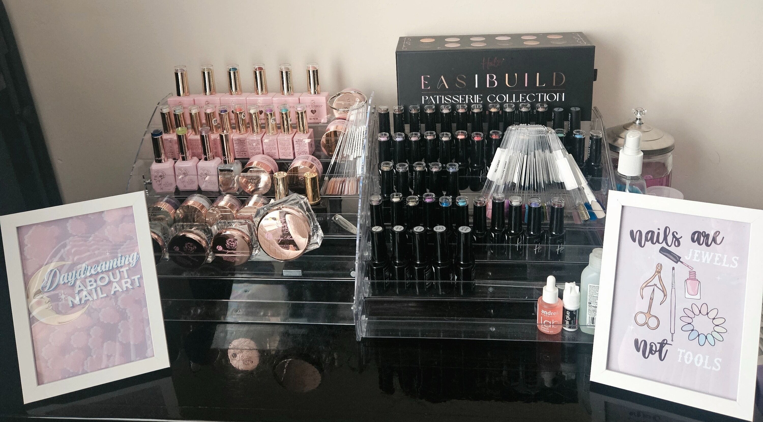 Nail polish and tools displayed at Lavender Luxe Nails, Somersham, England, GB for creative nail art services.