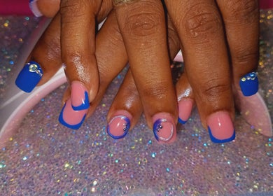Elegant blue and pink nail art with gems at Luv Ur Nails, Roseau, Saint George Parish, DM.