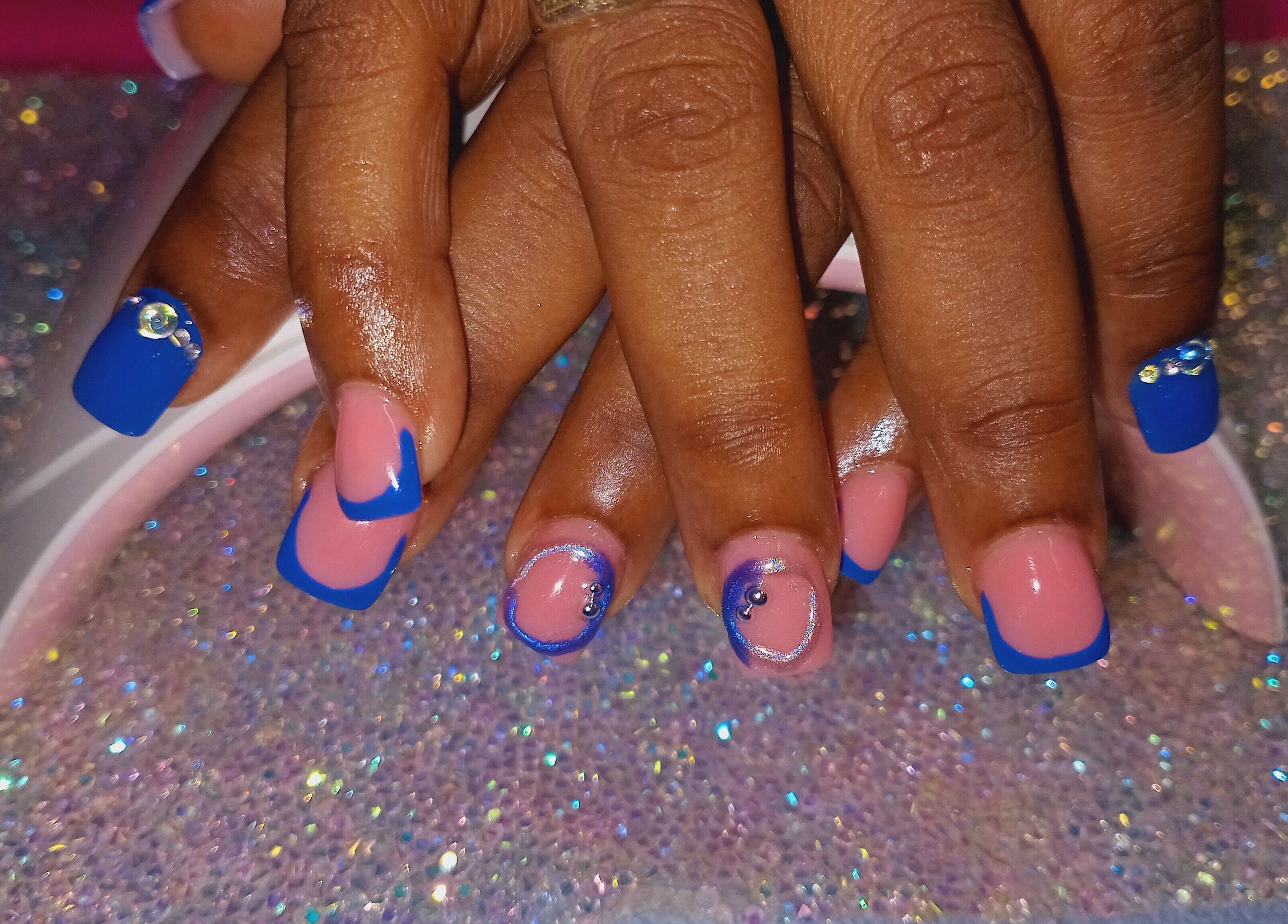 Elegant blue and pink nail art at Luv Ur Nails, Roseau, Saint George Parish, DM.