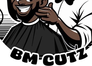 Illustration av frisör och nöjd kund på Bm cutzz, Stockholm, Stockholms Län, SE.