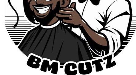 Illustration av frisör och nöjd kund på Bm cutzz, Stockholm, Stockholms Län, SE.