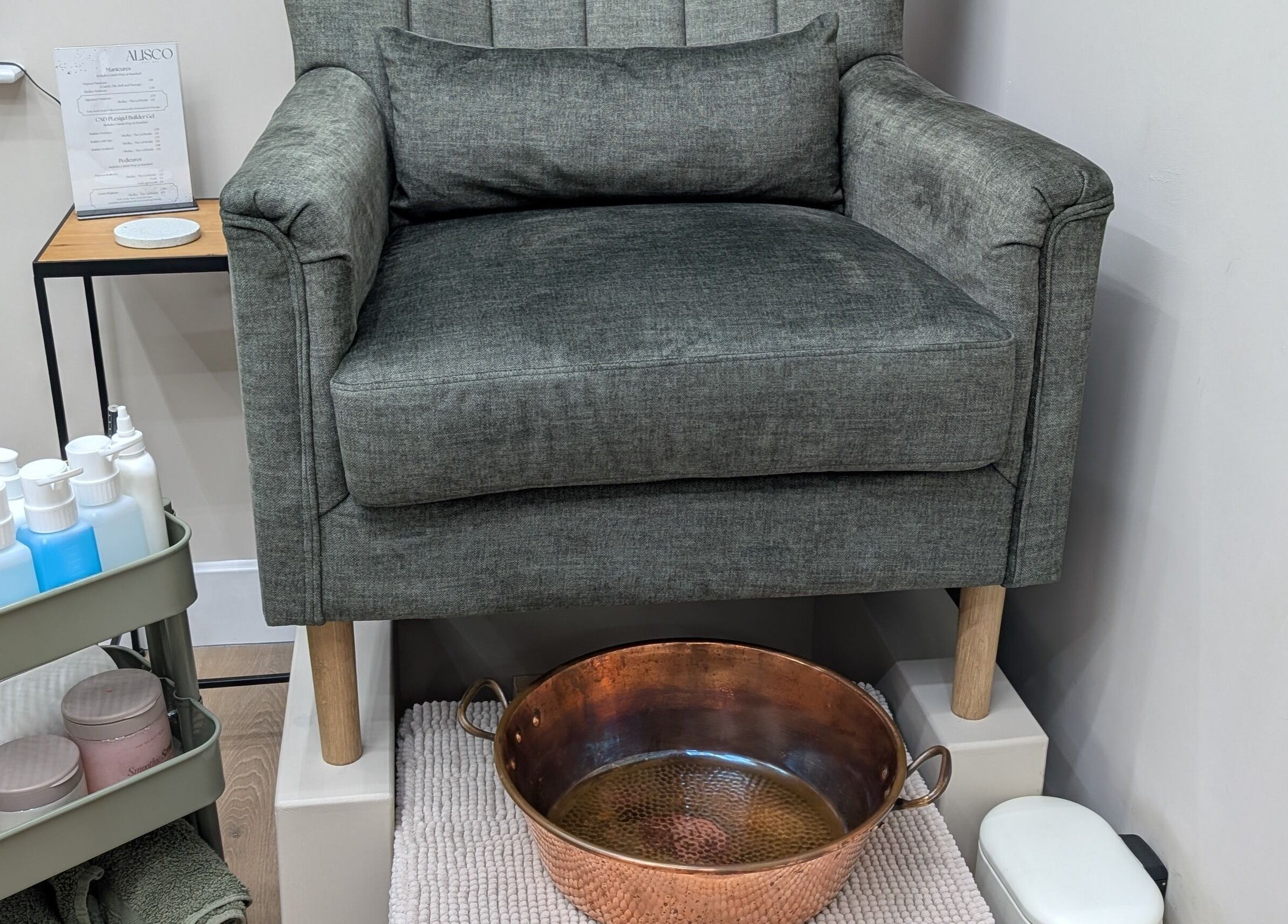 Pedicure chair and copper basin at Alisco Nail Spa, Shipley, England, GB.
