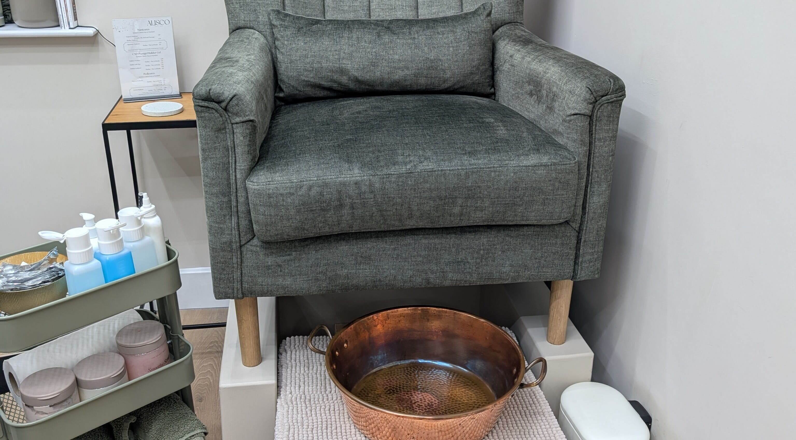Pedicure chair and copper basin at Alisco Nail Spa, Shipley, England, GB.