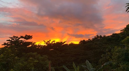 Vibrant sunset over lush greenery at Jazmine Serenity Touch, Mero, DM; a tranquil beauty and wellness escape.