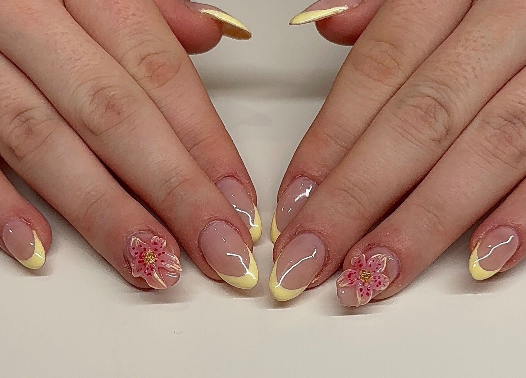 Floral nail art with yellow tips by Nails By Sar at Peak Crossing, Queensland, AU.